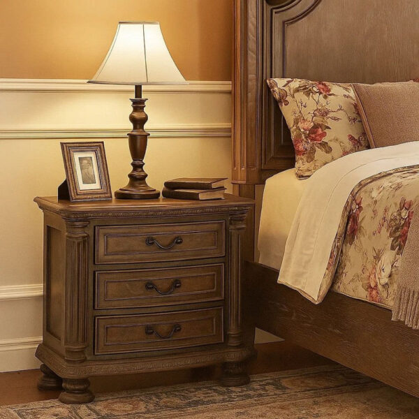 Wooden Nightstand with 3 Drawers and Intricate Carving Details, Brown