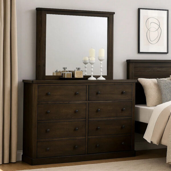 Transitional Style Wooden Decorative Mirror with Grooved Panels, Brown