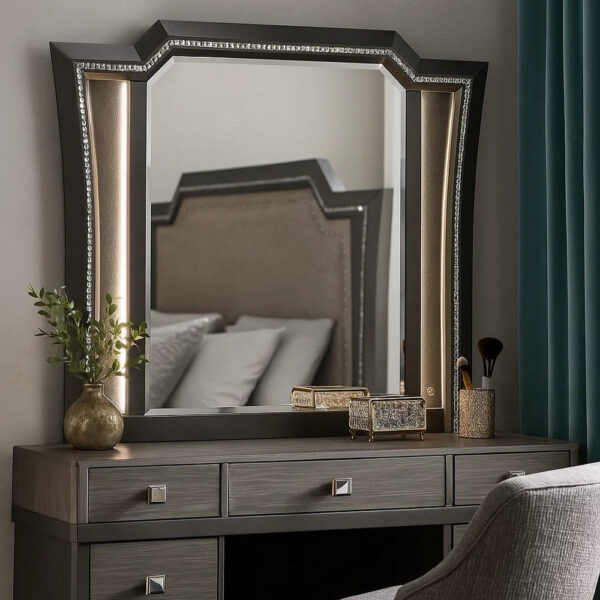 Contemporary Style Wooden Decorative Mirror with LED Lights, Gray