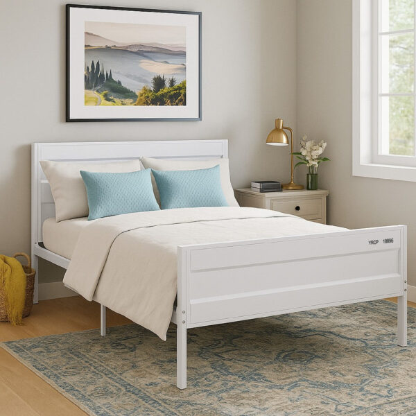 Industrial Style Metal Full Size Bed with Straight Leg Support, White