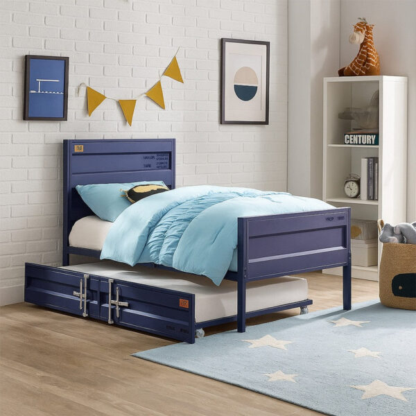 1502202669910e9069137.jpeg Industrial Style Metal Twin Size Bed with Straight Leg Support, Blue