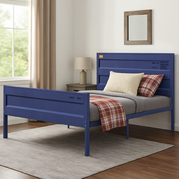 Industrial Style Metal Full Size Bed with Straight Leg Support, Blue