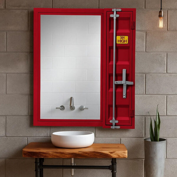 Industrial Style Metal Vanity Mirror with Recessed Door Storage, Red