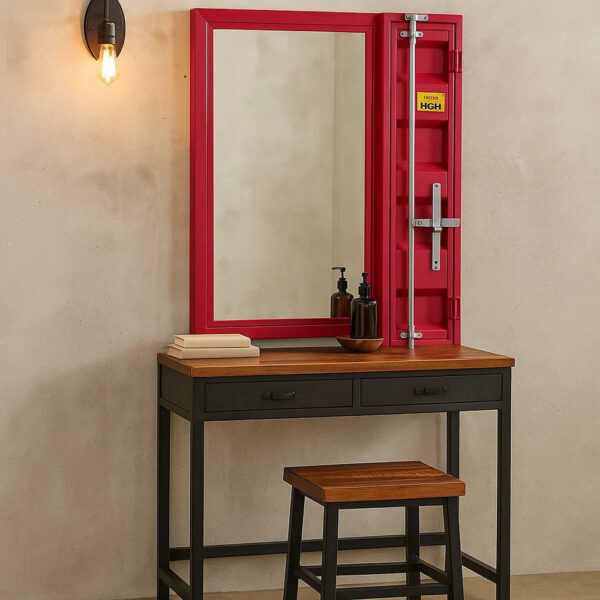 Industrial Style Metal Vanity Mirror with Recessed Door Storage, Red
