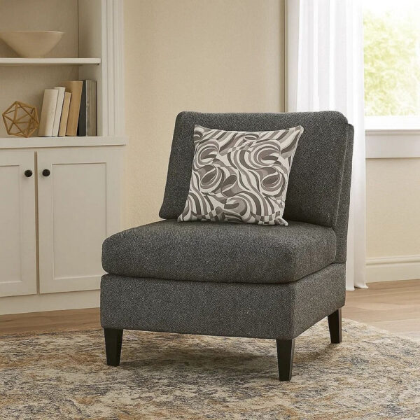 Chenille Fabric Upholstered Armless Chair with Pillow, Dark Gray
