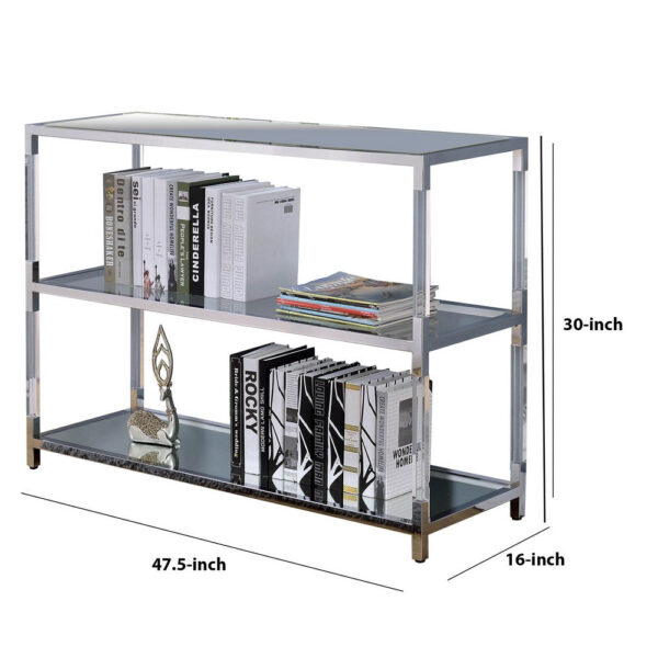 Metal and Glass Sofa Table with 2 Open Shelves, Silver and Clear