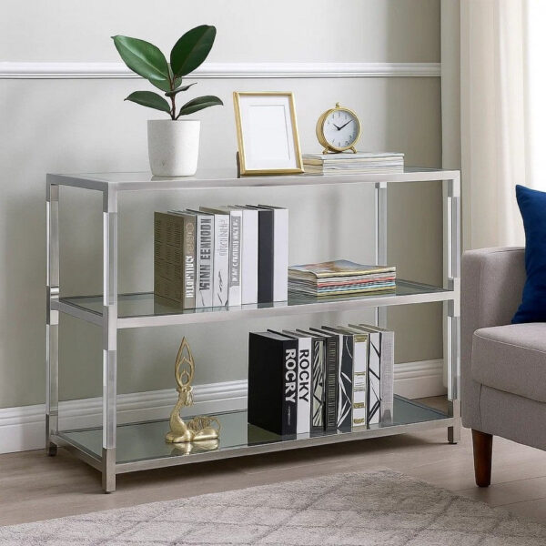 Metal and Glass Sofa Table with 2 Open Shelves, Silver and Clear