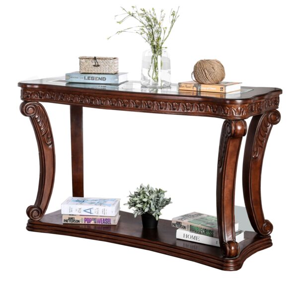 Traditional Sofa Table with Cabriole Legs and Wooden Carving, Brown