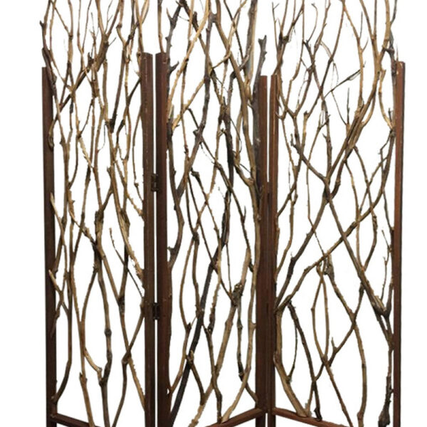 3 Panel Contemporary Foldable Wood Screen with Tree Branches, Brown