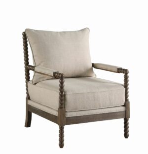 Cushioned Back Fabric Upholstered Spindle Accent Chair, Beige and Brown