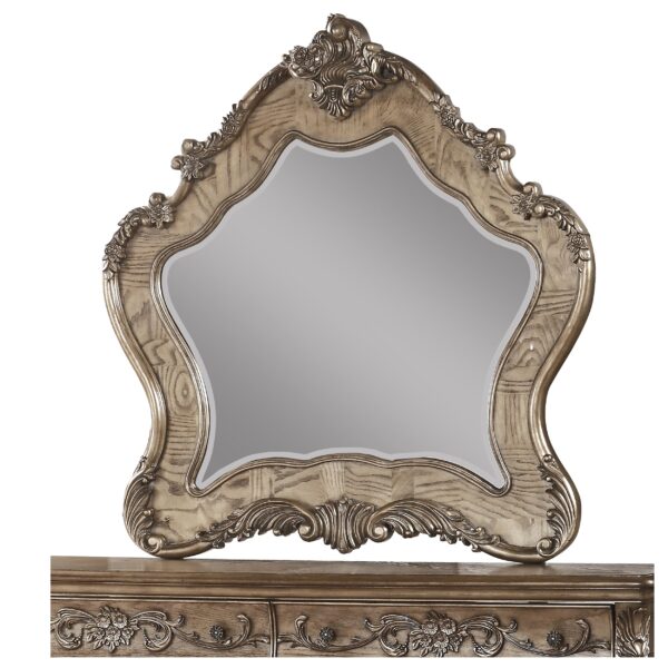 1502202669911310f41ce.jpeg Wooden Mirror with Scrollwork Crown and Trim Details, Brown and Silver