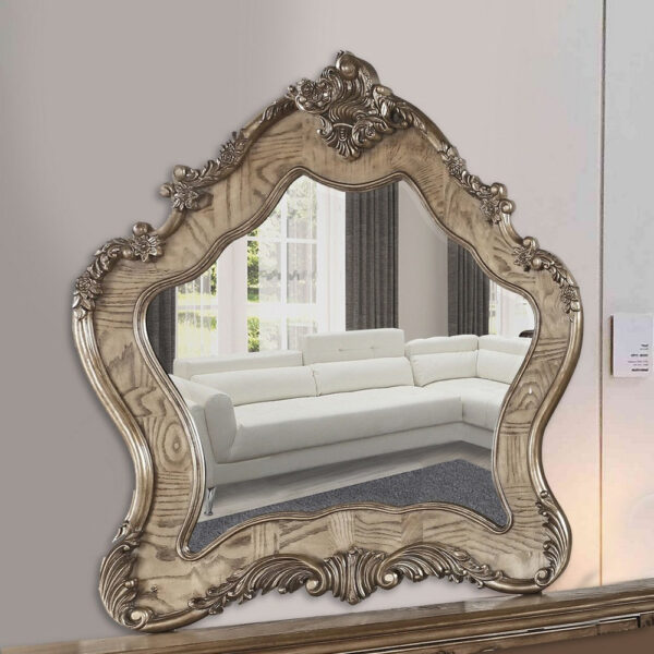 150220266991132b004d6.jpeg Wooden Mirror with Scrollwork Crown and Trim Details, Brown and Silver