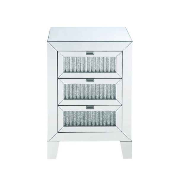Contemporary Style Wooden Mirrored Night Table with 3 Drawers, Silver