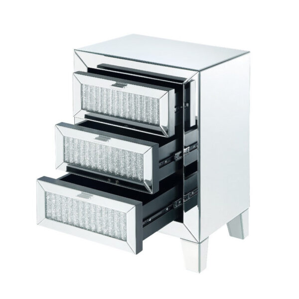 Contemporary Style Wooden Mirrored Night Table with 3 Drawers, Silver