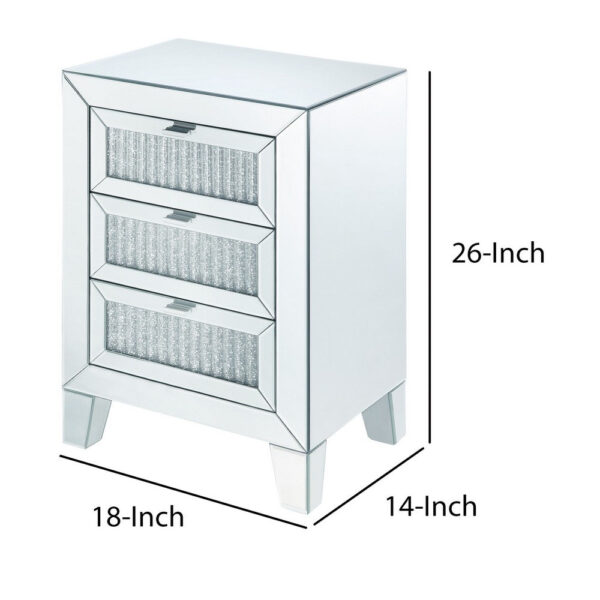 Contemporary Style Wooden Mirrored Night Table with 3 Drawers, Silver