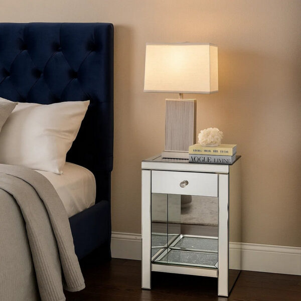 15022026699113f476c17.jpeg Mirrored Wooden Night Table with 1 Drawer and Bottom Shelf, Silver