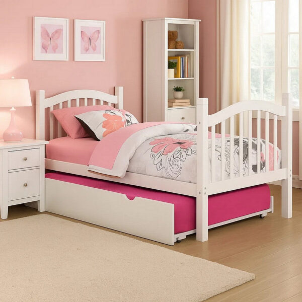 150220266991141fbb2f3.jpeg Twin Size Wooden Trundle with Caster Wheels and Cut Out Handles, White