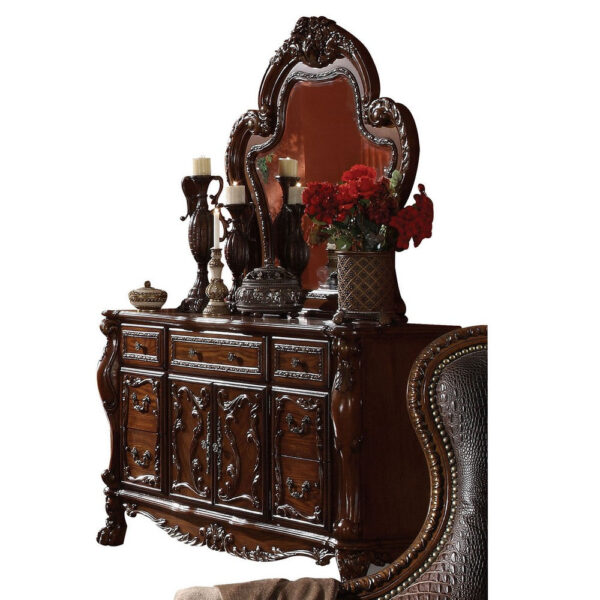 Traditional Wooden Mirror with Oversized Polyresin Scrollwork, Brown