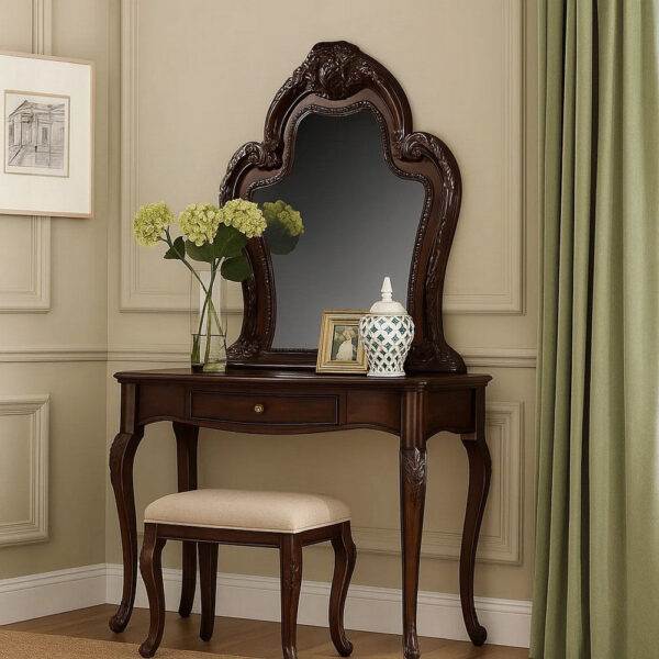 Traditional Wooden Mirror with Oversized Polyresin Scrollwork, Brown