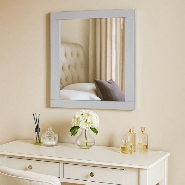 Rectangular Wooden Frame Mirror with Beveled Edges, White and Silver