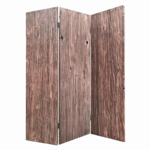 Textured and Bark Designed Wooden 3 Panel Room Divider , Natural Brown