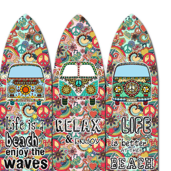 Beach Themed Surfboard Shaped 3 Panel Room Divider, Multicolor