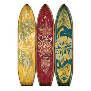 Beach Themed Surfboard Shaped 3 Panel Wooden Room Divider, Multicolor