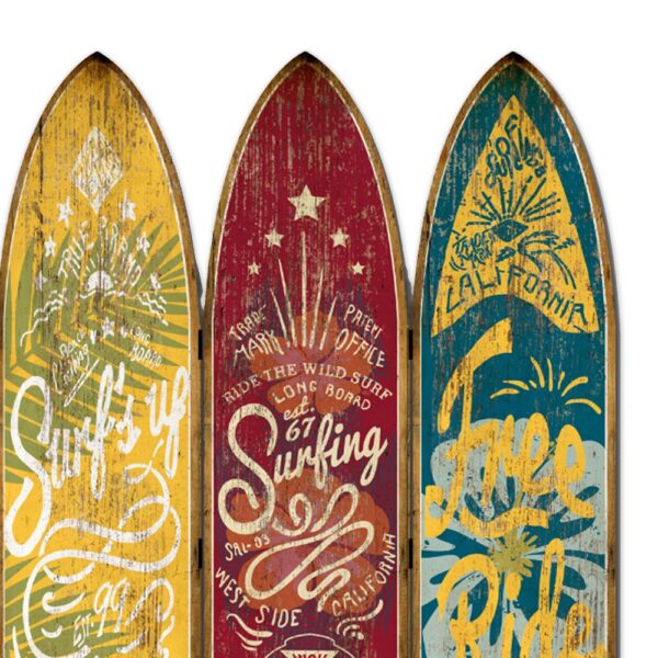 Beach Themed Surfboard Shaped 3 Panel Wooden Room Divider, Multicolor