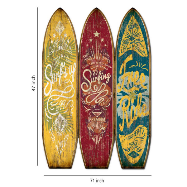 Beach Themed Surfboard Shaped 3 Panel Wooden Room Divider, Multicolor