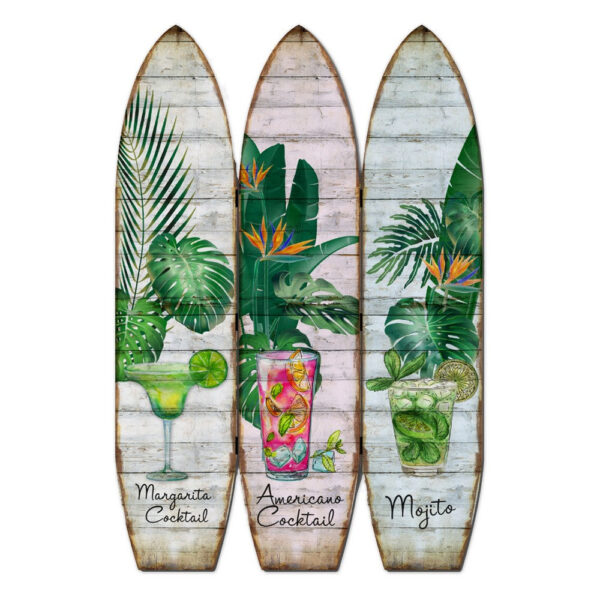 15022026699115667237a.jpeg Surfboard Shaped Palm Leaf and Drinks Print 3 Panel Room Divider, Multicolor