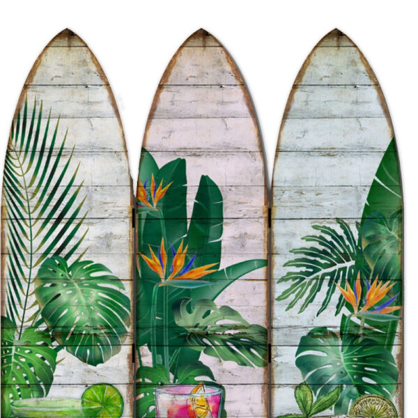 15022026699115692a35c.jpeg Surfboard Shaped Palm Leaf and Drinks Print 3 Panel Room Divider, Multicolor