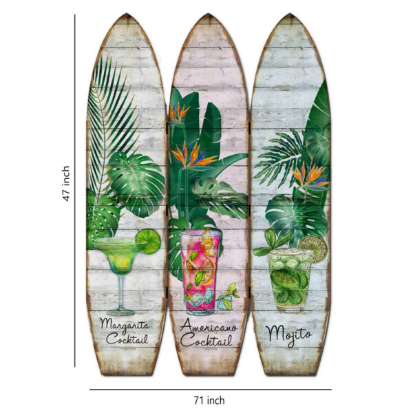 1502202669911571acc08.jpeg Surfboard Shaped Palm Leaf and Drinks Print 3 Panel Room Divider, Multicolor