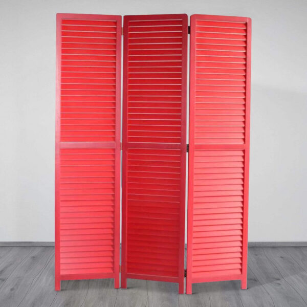 Transitional Wooden Screen with 3 Panels and Shutter Design, Red