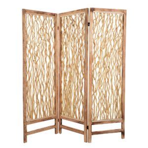 Contemporary 3 Panel Wood Screen with Vertical Branch Design, Brown