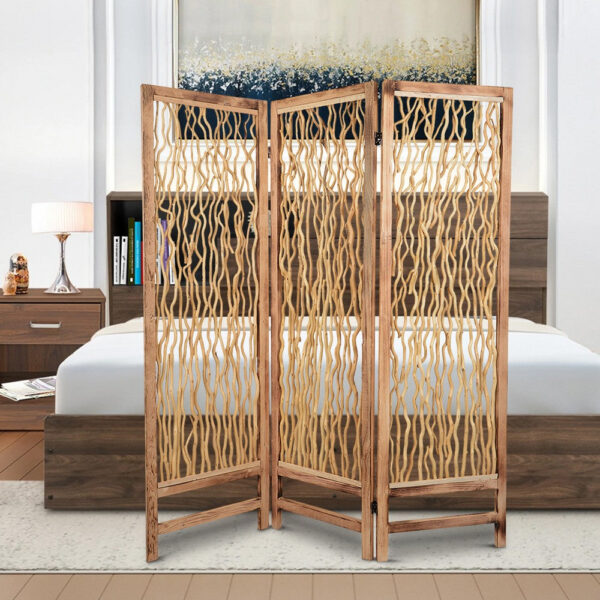 Contemporary 3 Panel Wood Screen with Vertical Branch Design, Brown