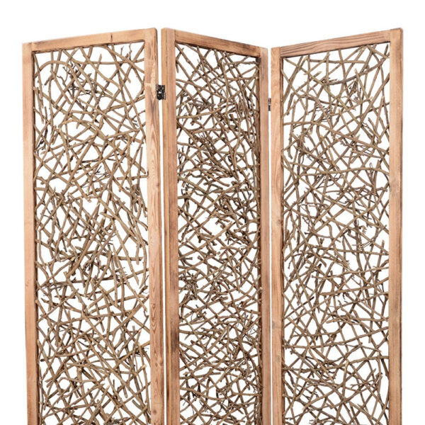 Contemporary 3 Panel Wooden Screen with Willow Branch Inset, Brown