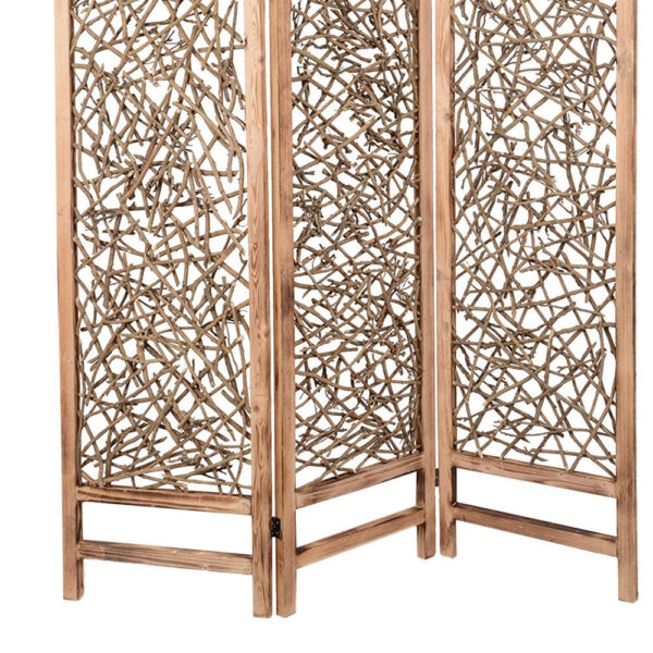 Contemporary 3 Panel Wooden Screen with Willow Branch Inset, Brown