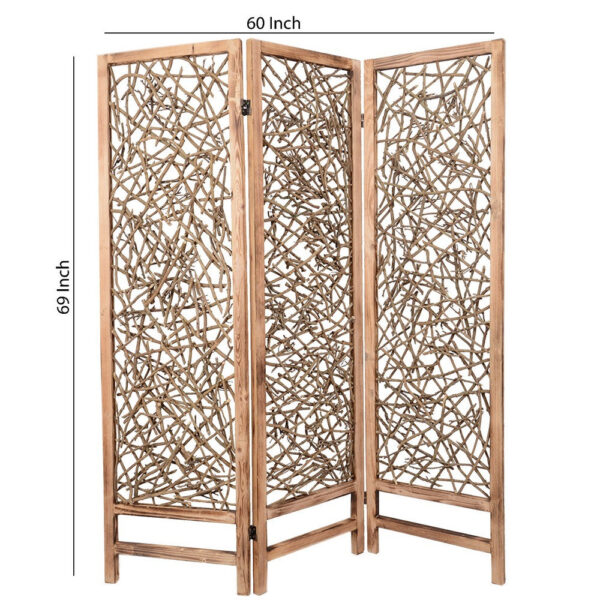 Contemporary 3 Panel Wooden Screen with Willow Branch Inset, Brown