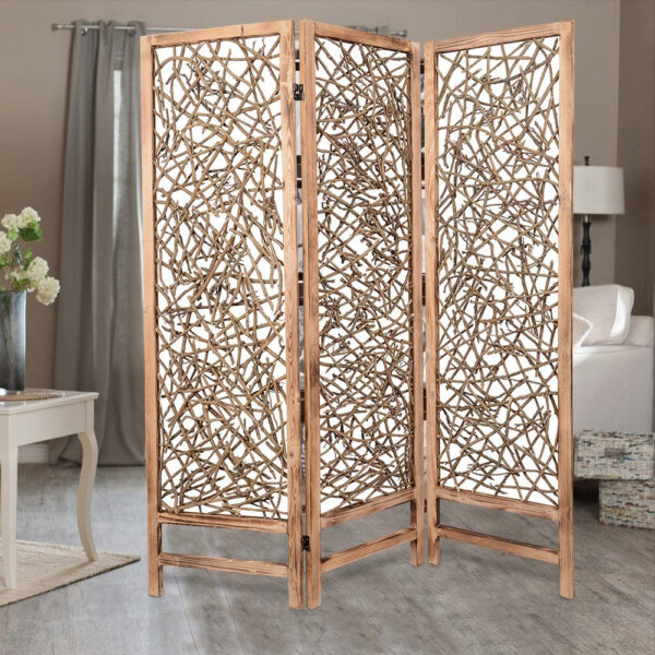 Contemporary 3 Panel Wooden Screen with Willow Branch Inset, Brown