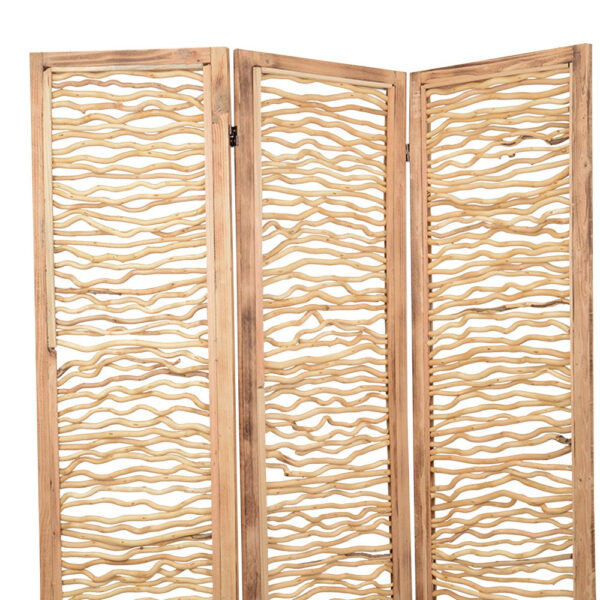 Contemporary 3 Panel Wood Screen with Horizontal Branch Design, Brown
