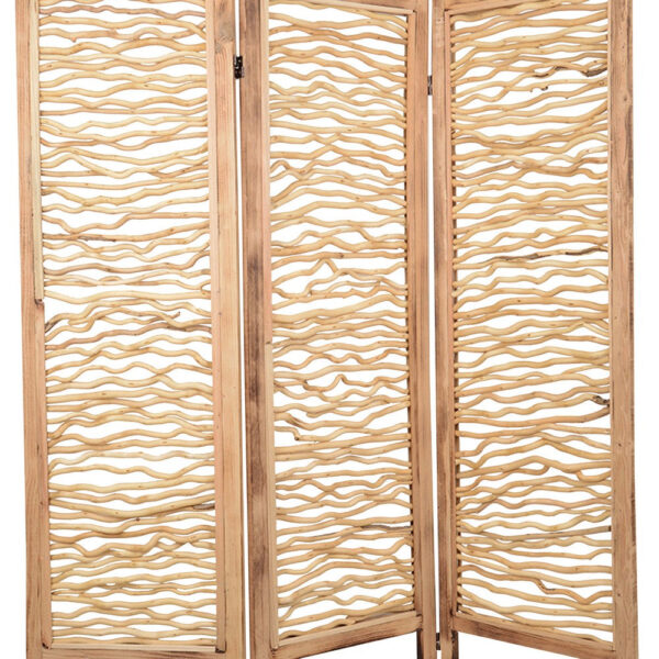 Contemporary 3 Panel Wood Screen with Horizontal Branch Design, Brown