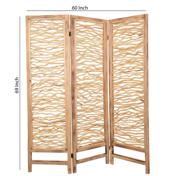 Contemporary 3 Panel Wood Screen with Horizontal Branch Design, Brown