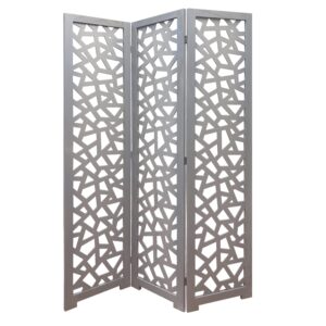 3 Panel Contemporary Wooden Screen with Cut Pattern Design, Gray