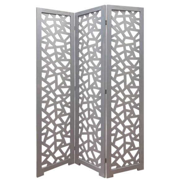 3 Panel Contemporary Wooden Screen with Cut Pattern Design, Gray