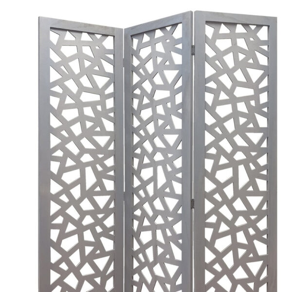 3 Panel Contemporary Wooden Screen with Cut Pattern Design, Gray