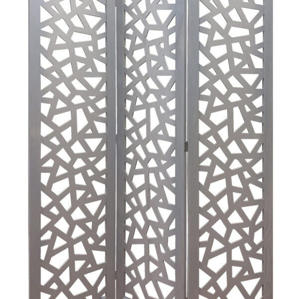 3 Panel Contemporary Wooden Screen with Cut Pattern Design, Gray