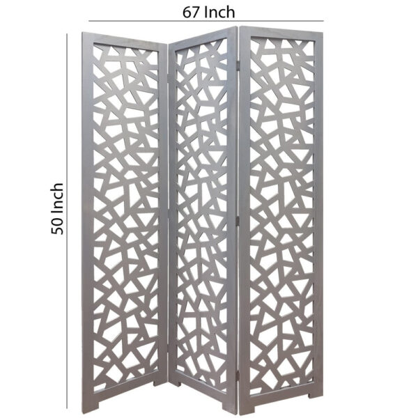 3 Panel Contemporary Wooden Screen with Cut Pattern Design, Gray