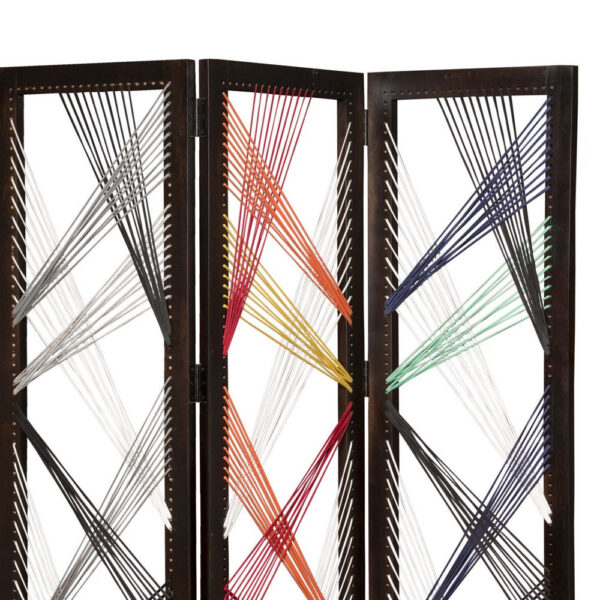 Contemporary 3 Panel Wooden Screen with Woven String Design, Multicolor