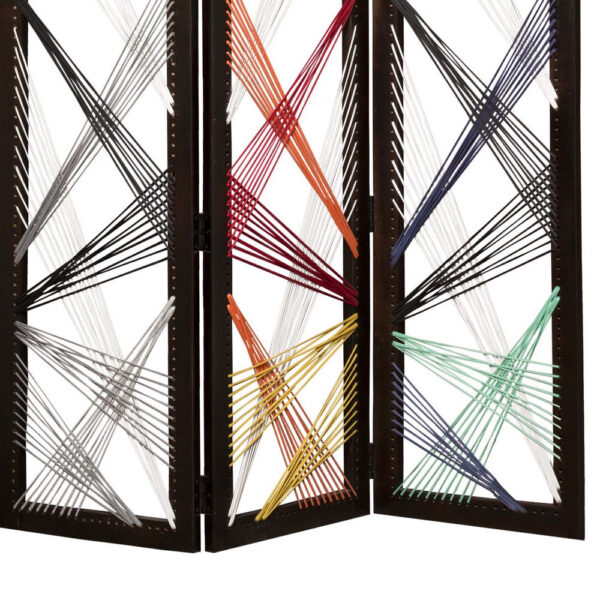 Contemporary 3 Panel Wooden Screen with Woven String Design, Multicolor