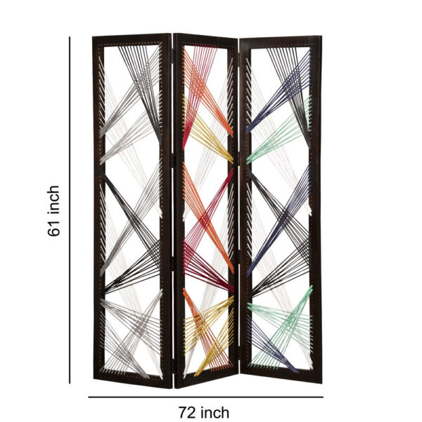 Contemporary 3 Panel Wooden Screen with Woven String Design, Multicolor